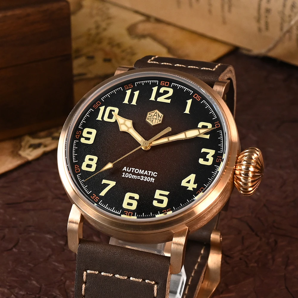 San Martin 45mm CuSn8 Bronze Pilot Herrenuhr YN55A Automatik Mechanisch Vintage Militär Einfacher Stil Saphir Wasserdicht 10Bar