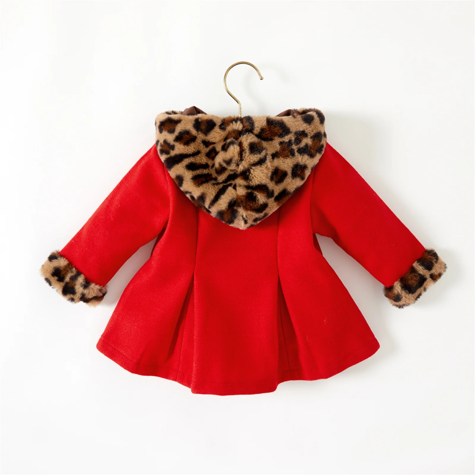 PatPat Baby Red Long-sleeve Button Down Leopard Hooded Wool Blend Coat