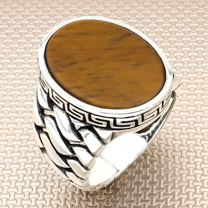 SILVERFONI Real 925 Sterling Silver Ring For Men Stylish Jewelry Fashion Tiger Eye Stone Gift Male Accessories All Size 2021