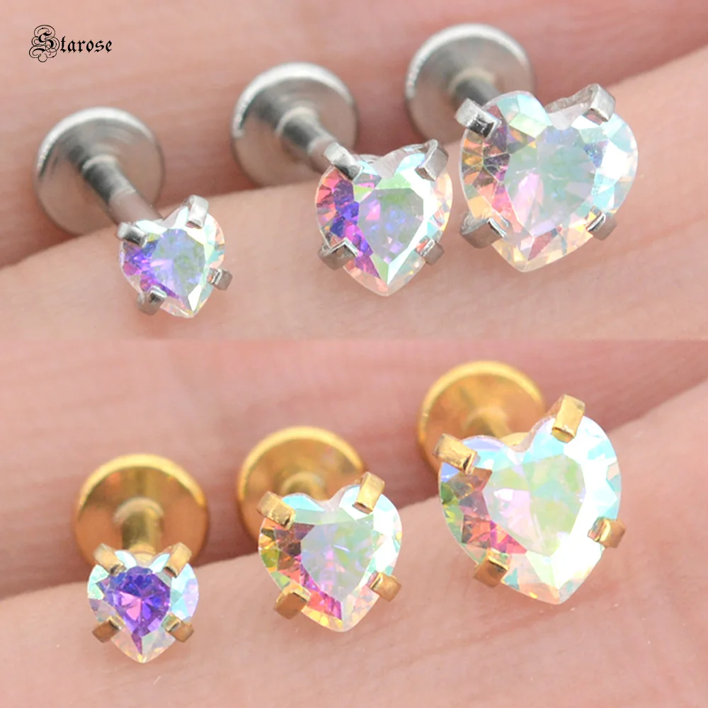 

1Pc G23 Titanium 3/4/5mm Rainbow Crystal Heart Nostril Piercing Labret Jewelry Cartilage Nose Ring Helix Piercing Tragus Earring