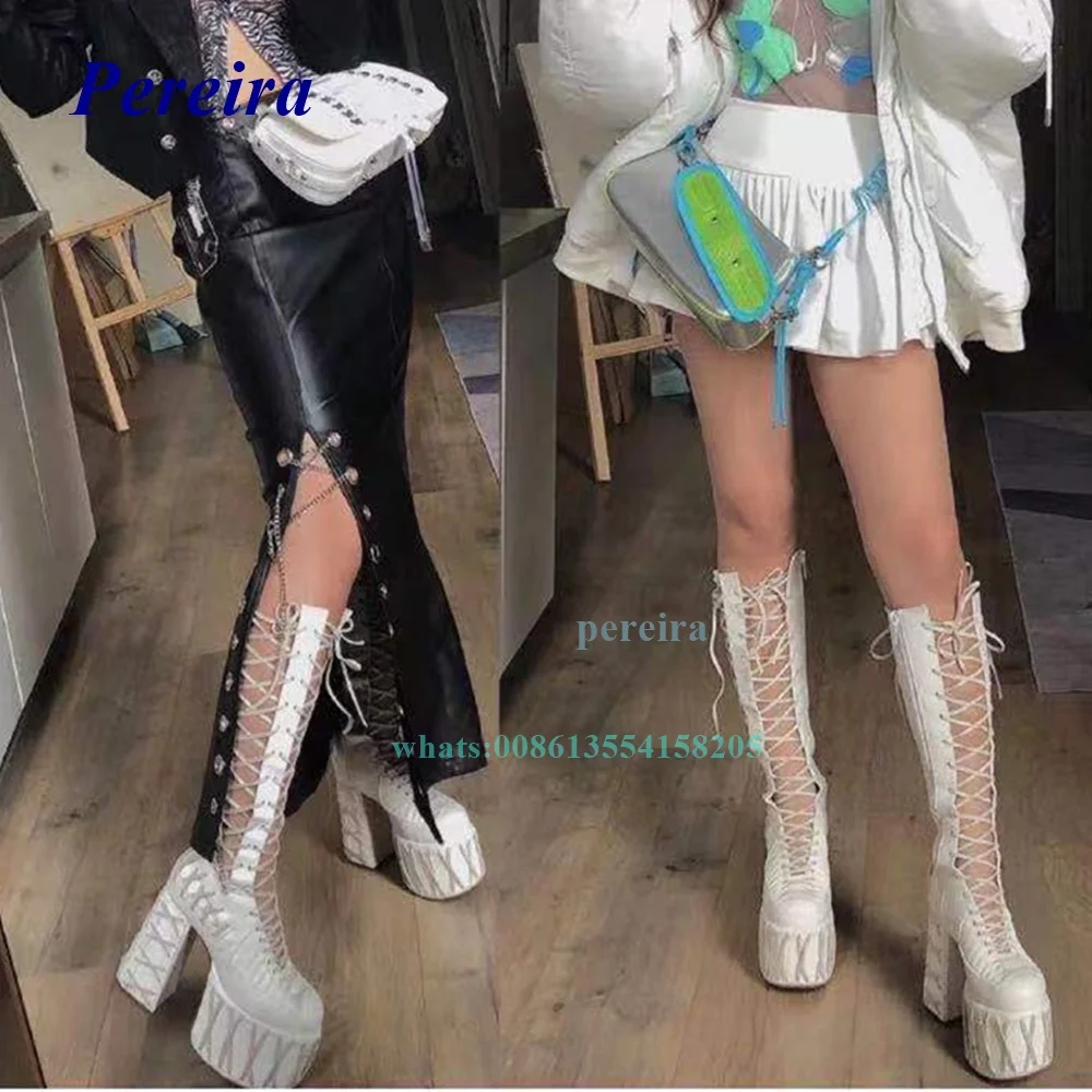 

2022 White Women Sandals Boots Round Toe Platform Cross Tied Sandal Boots Chunky Heel Cut Out Lace Up Knee High Boots Sexy Shoes