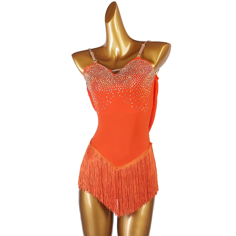 orange fringe Figure Skating Dress Women girl Ice Skating Dress Gymnastics Costume custom crystal rhinestone B056