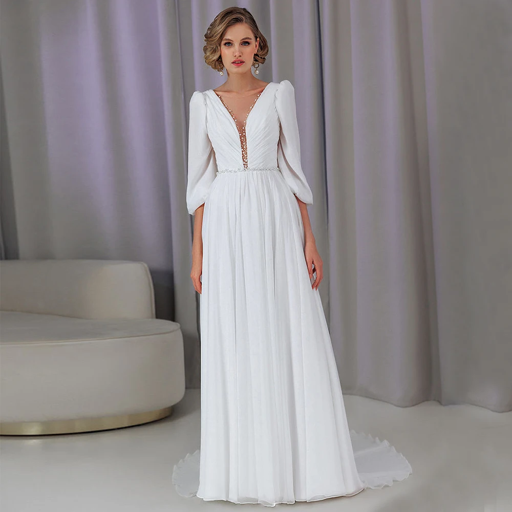 Customized Ladies A Line Chiffon Wedding Dress With 3/4 Sleeves Illusion V Neck Crystal Lace Up Back Bridal Gown Court Train