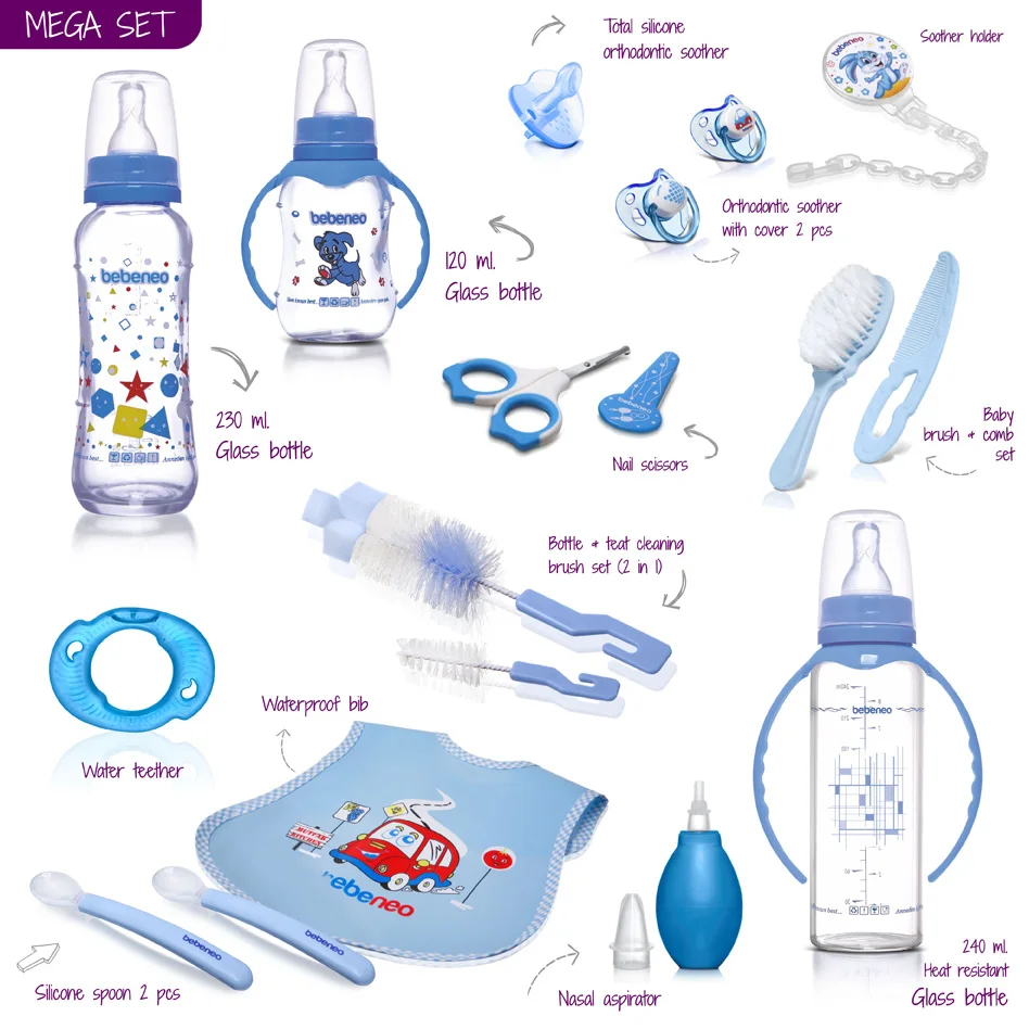 Glass Bottle Mega Set Bib Silicone Spoon Soother Nasal Aspiratör brush and comb water teether baby scissors baby gift mega set