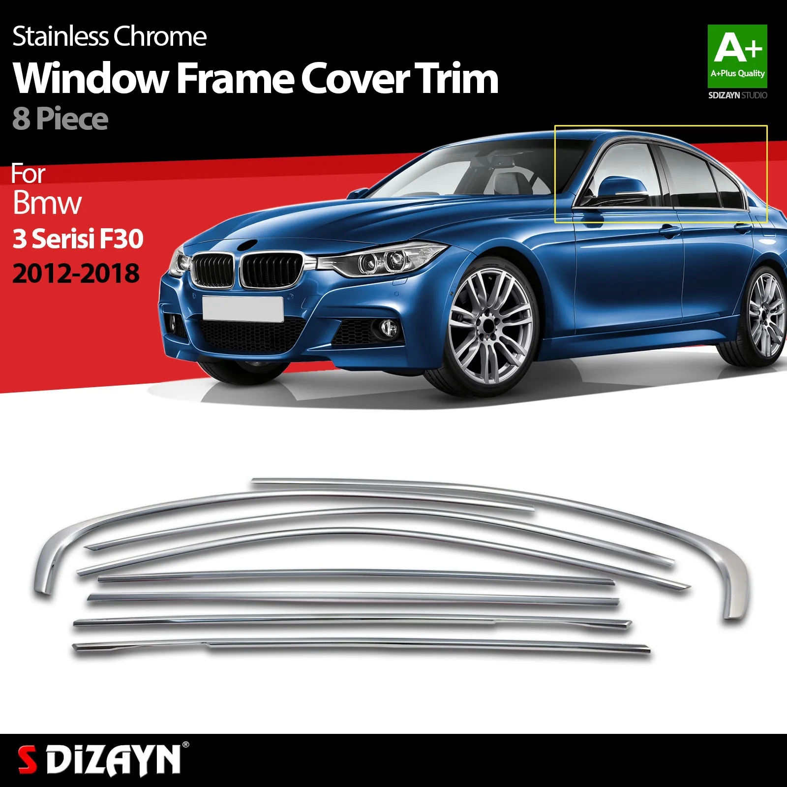 S Dizayn For Bmw 3 Series F30 Chrome Window Frame Cover Trim Stainless Steel 8 Pcs Exterior Car Accessories Parts Auto Products