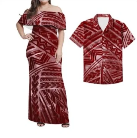 

Wholesale Price Fashion Red Shor Sleeve Close-fitting Off Shoulder Dress Polynesian Tribal Soft Fabrics Formal Occasions Dress