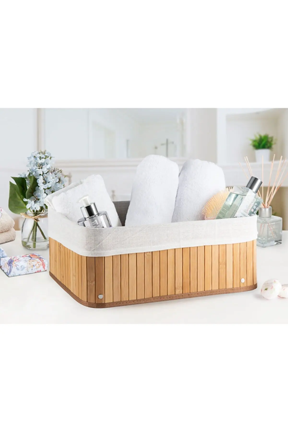 Lux Quality Natural Decorative Bamboo Beige Basket Storage Box Organizer For Kitchen For Bath 40*30*16Cm Stylish Made In Turkey