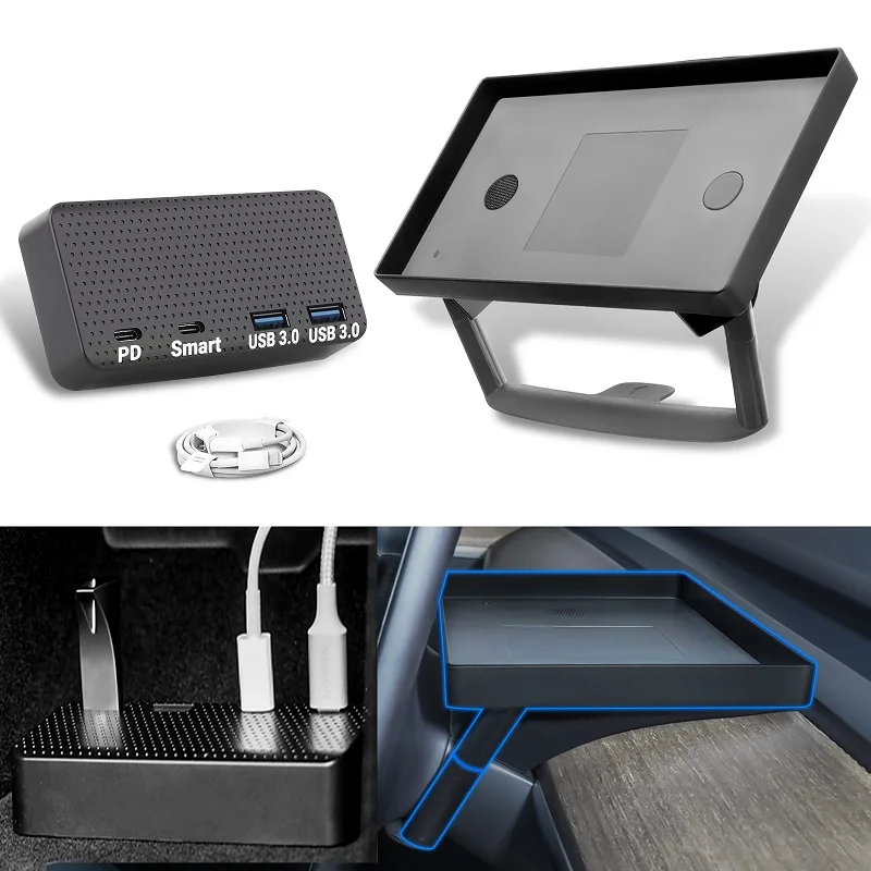 

Klutchtech Tesla Model 3/Y Center Screen Hidden Magnetic Tray and USB Hub 4-in-1 Adapter Compatible with 2021 Model 3 Model Y