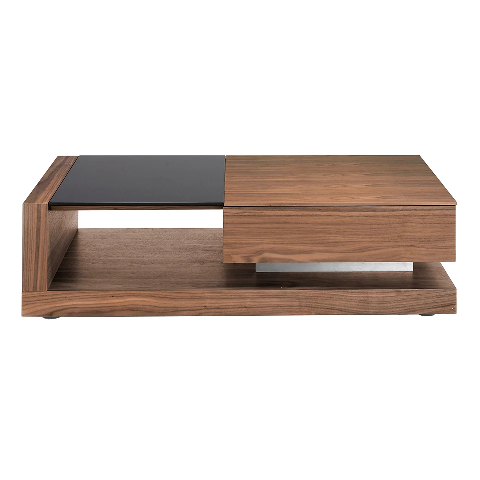 Coffee table 2061 Angel Cerdá-coffee table walnut plated wood and black tinted glass, with drawer and open space for storage. Polished stainless steel details and legs in black painted wood