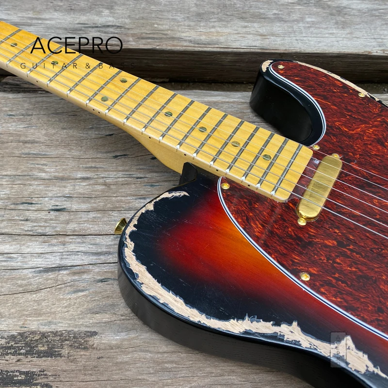 Acepro Ash Body Relic Electric Guitar, Vintage Sunburst Color, Maple Neck, Abalone Inlays, Gold Hardware, Handmade Aged Guitarra