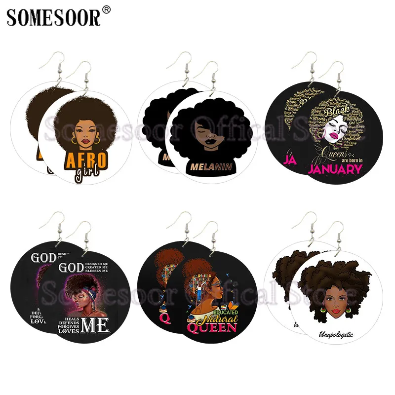 

SOMESOOR Educated Natural Queen Afro Girl Wooden Drop Earrings Melanin Art Black Sayings Both Sides Printed For Women Gifts