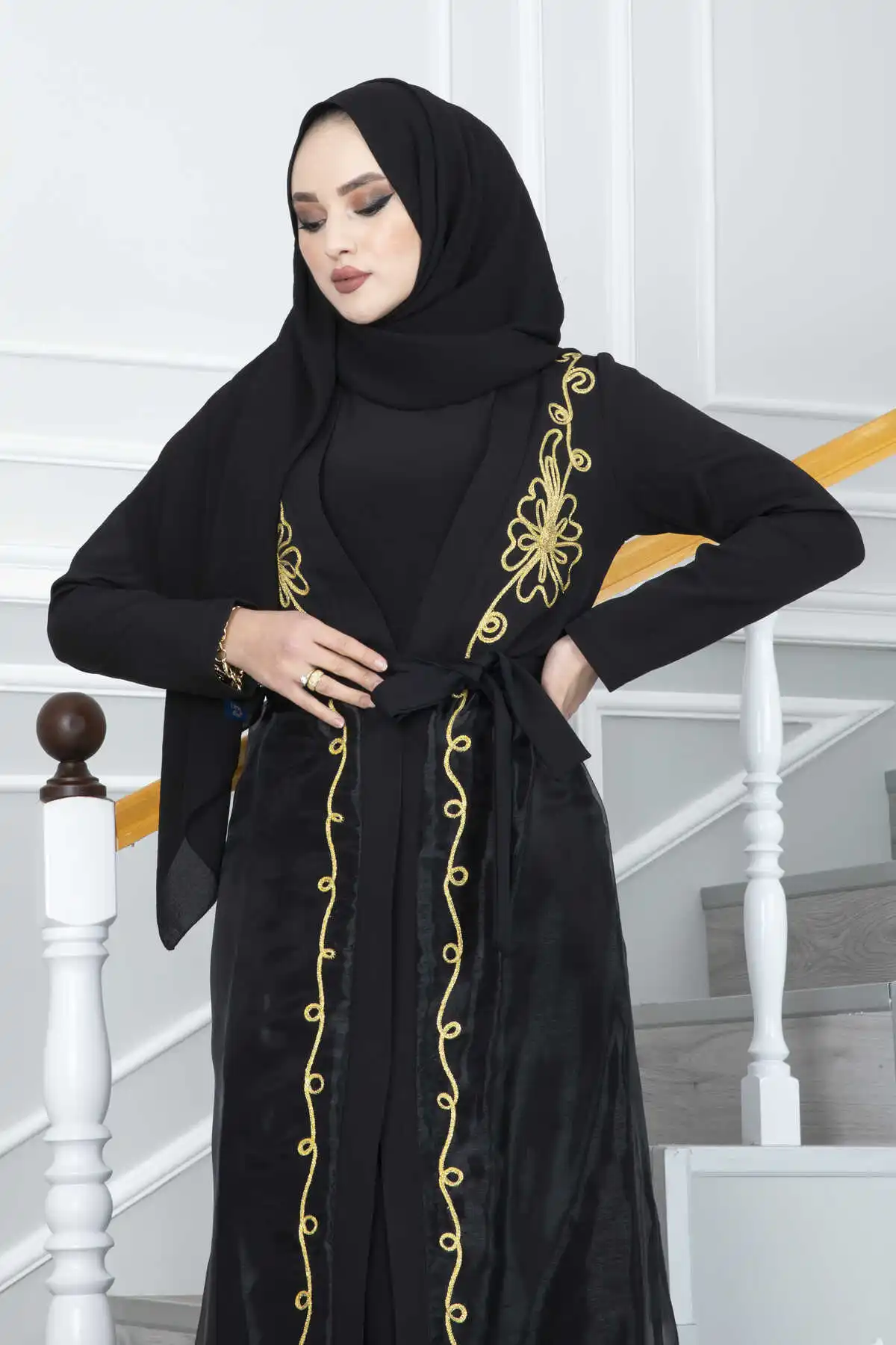 

Women Gold Lace Detailed Abaya Ramadan Eid Djellaba Dubai Shiny Soft Puffy Sleeve Muslim Dress Silky Turkey Islamic with Belt