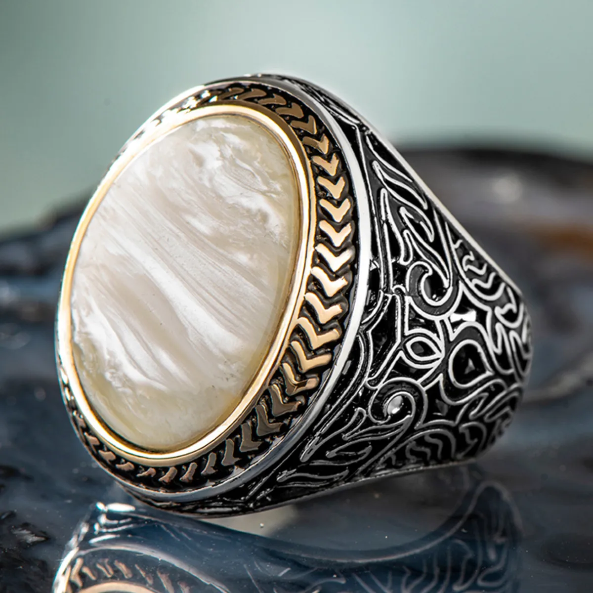 

925 Sterling Silver Oval Design White Mother of Pearl Stone Men's Ring Exclusive Accessory and Ring for Men Made in turkey