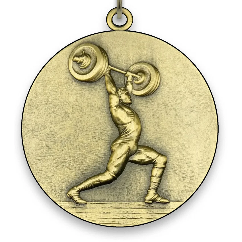 Large Metal Weightlifting Medal - Gold - 6,4 cm - with Neck Ribbon size 2,2cm x 80 cm - Choice of Ribbon Colours.