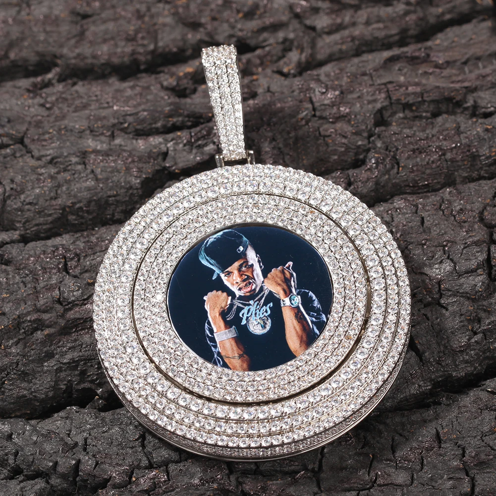 THE BLIKG KING Spinning Photo Pendant Necklace Full Iced Out Cubic Zirconia Custom Memory Chain Engraved Name Hiphop Jewelry