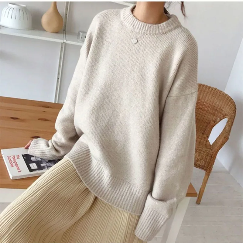 

Cashmere Elegant Women Sweater Oversized Knitted Basic Pullovers O Neck Loose Soft Female Knitwear Jumper