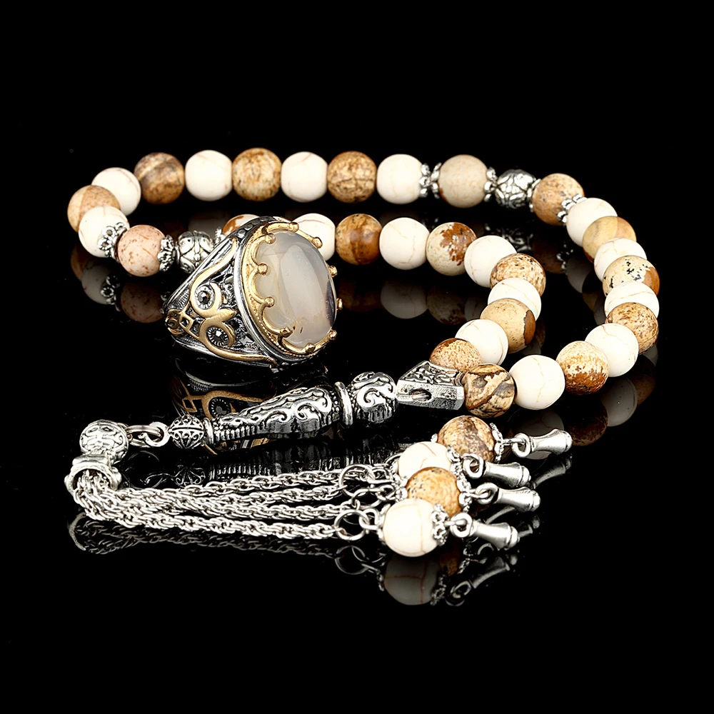 Natural Stone Tasbih and 925 Sterling Silver Mens Ring Jewelry Sets