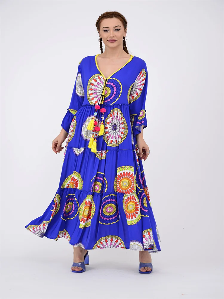 

Mandala Pattern V Neck Tassel Detailed Cotton Viscose Fabric Long Dress 2022 New Fashion Women's Clothing Collections