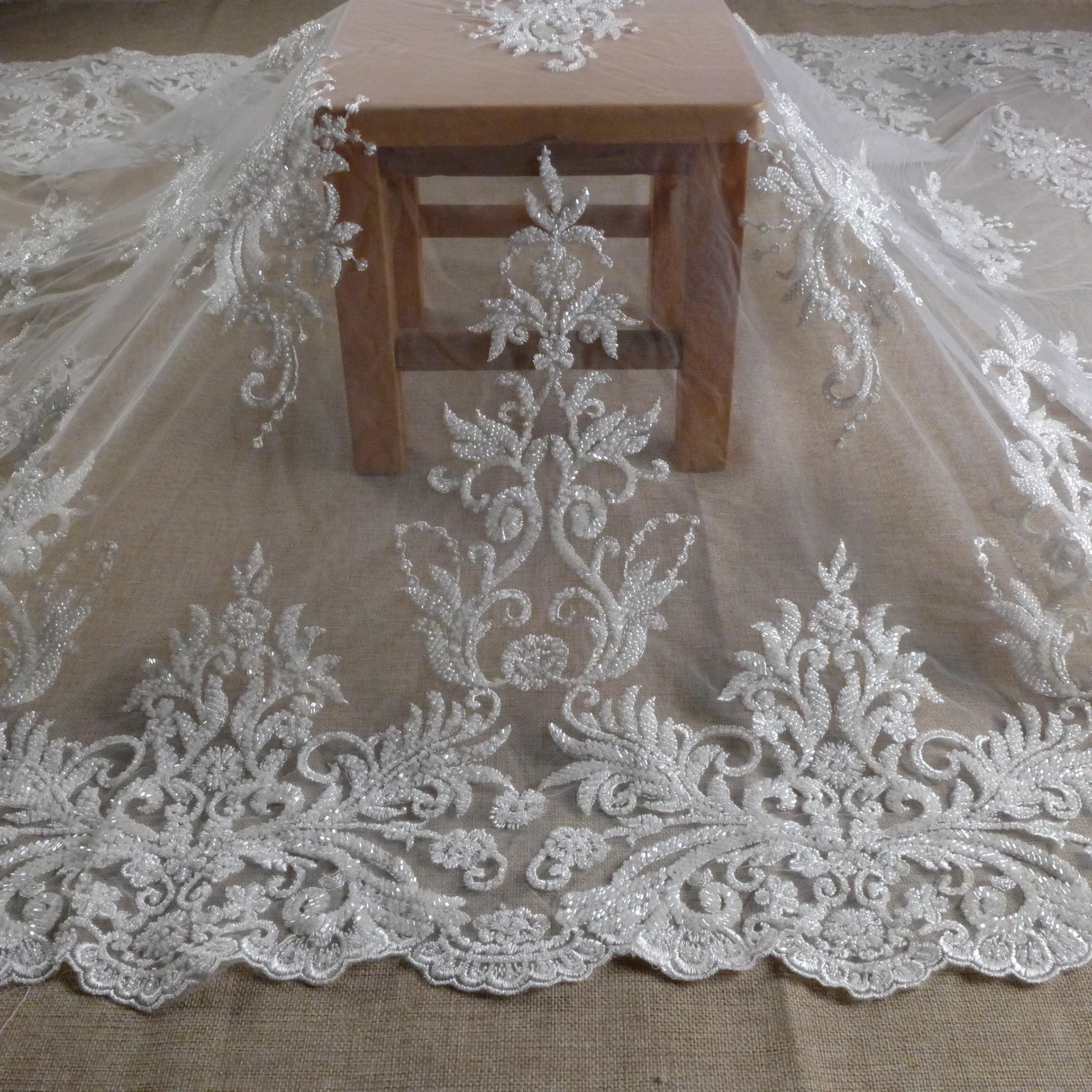 New bridal fabric heavy beads embroidery wedding dress lace fabric beautiful patterns gown lace ivory gown lace