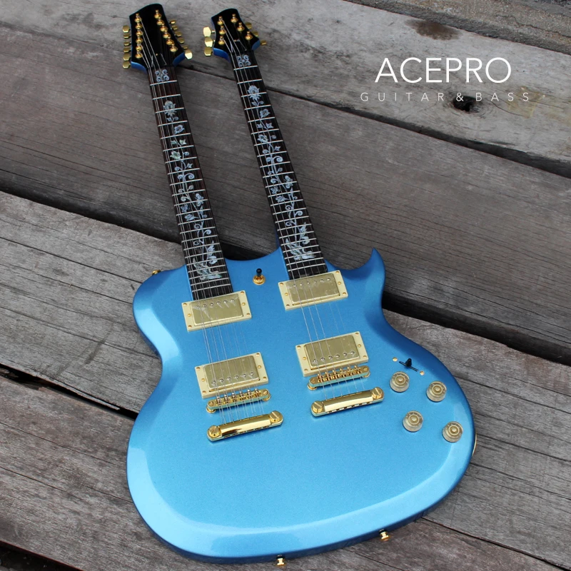 Acepro Double Neck Electric Guitar, Metallic Blue Basswood Body Carved Top, Abalone Custom Stem Inlays, Gold Hardware Guitarra