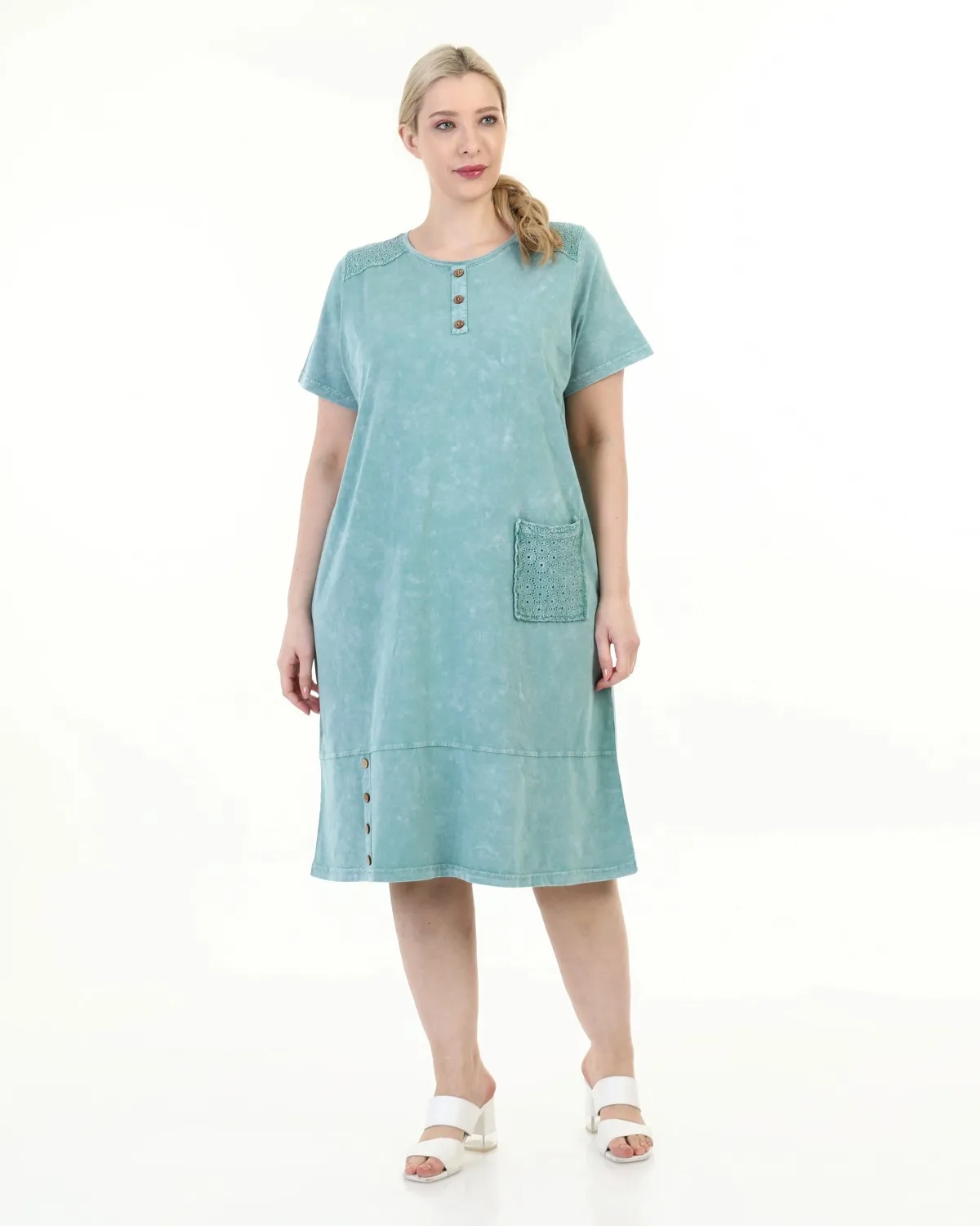 

Diaves Women Plus Size Summer Fashion Self-Effect-Flushing Button and Pocket Detailed Cotton Dress Turkish Quality