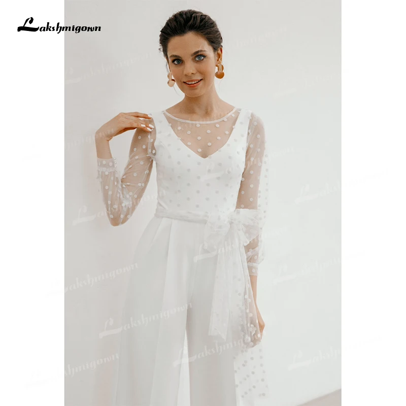 Moderno Set di due pezzi con scollo a v manica intera in pizzo tuta abito da sposa 2023 abito da sposa in raso bottone alla caviglia con fiocco