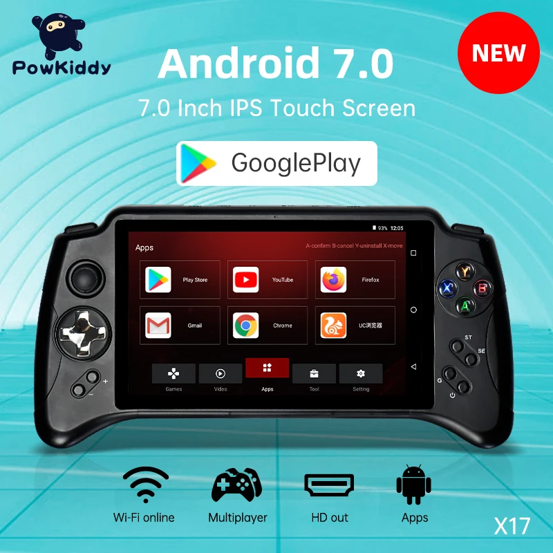 

Игровая консоль POWKIDDY, X17, Android 7,0, 7-дюймовый IPS сенсорный экран, MTK 8163 четыре ядра, 2 Гб ОЗУ 32 Гб ПЗУ, игровые ретро-приставки