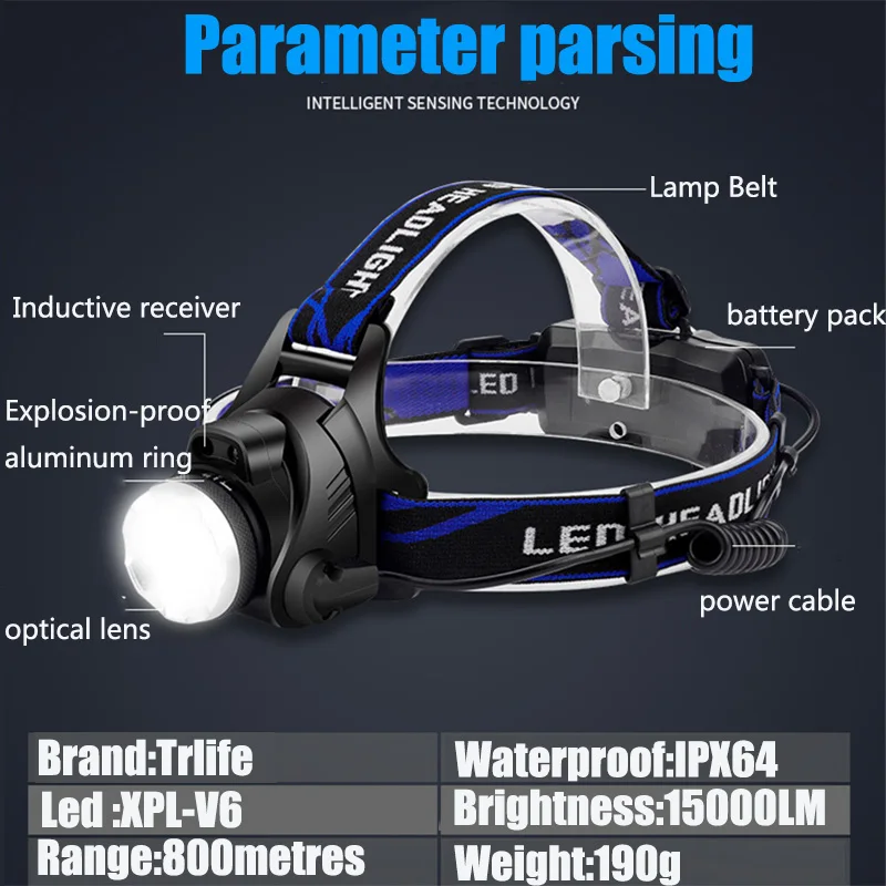 Super bright 15000lm lampa czołowa LED V6 Zoomable lampa czołowa latarka latarka Lanterna z czujnik ruchu ciała LED do obozu