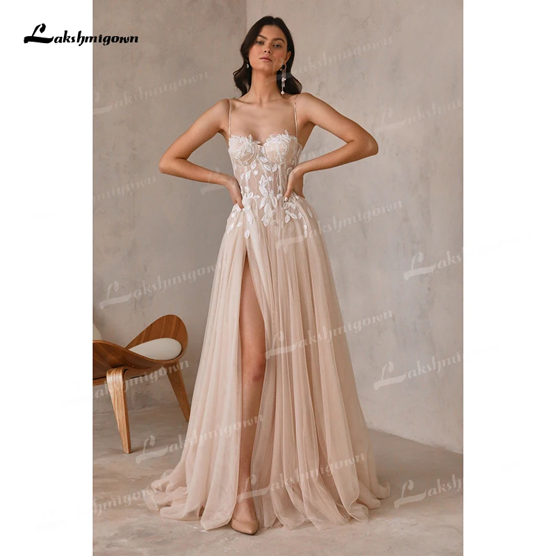 Sexy High Split Sweetheart Appliques Spaghetti Straps A-Line Wedding Dress 2023 Netting Birdal Gown Lace Sweep Button vestidos