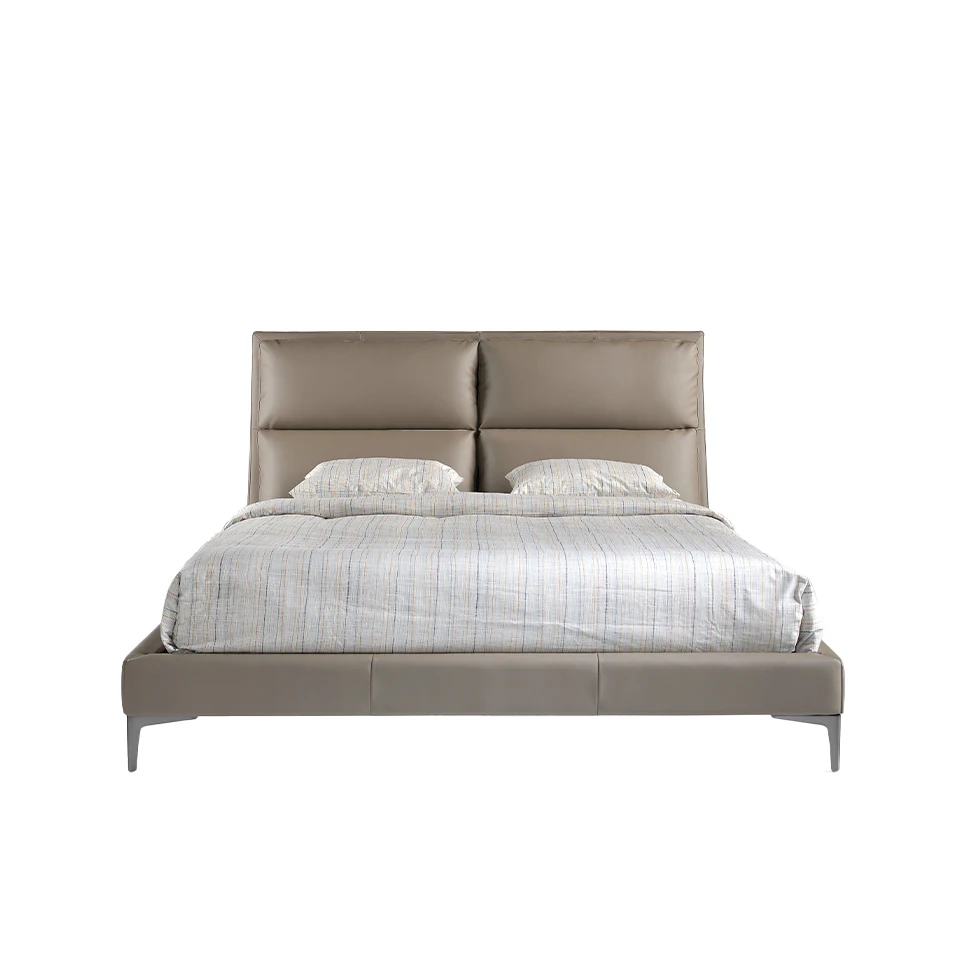 7014 bed Angel Cerdá-bed with structure in pine wood upholstered in leather and headboard composed of two sewn cushions. Pine Wood multi-lamas frame included. Dark polished stainless steel legs.