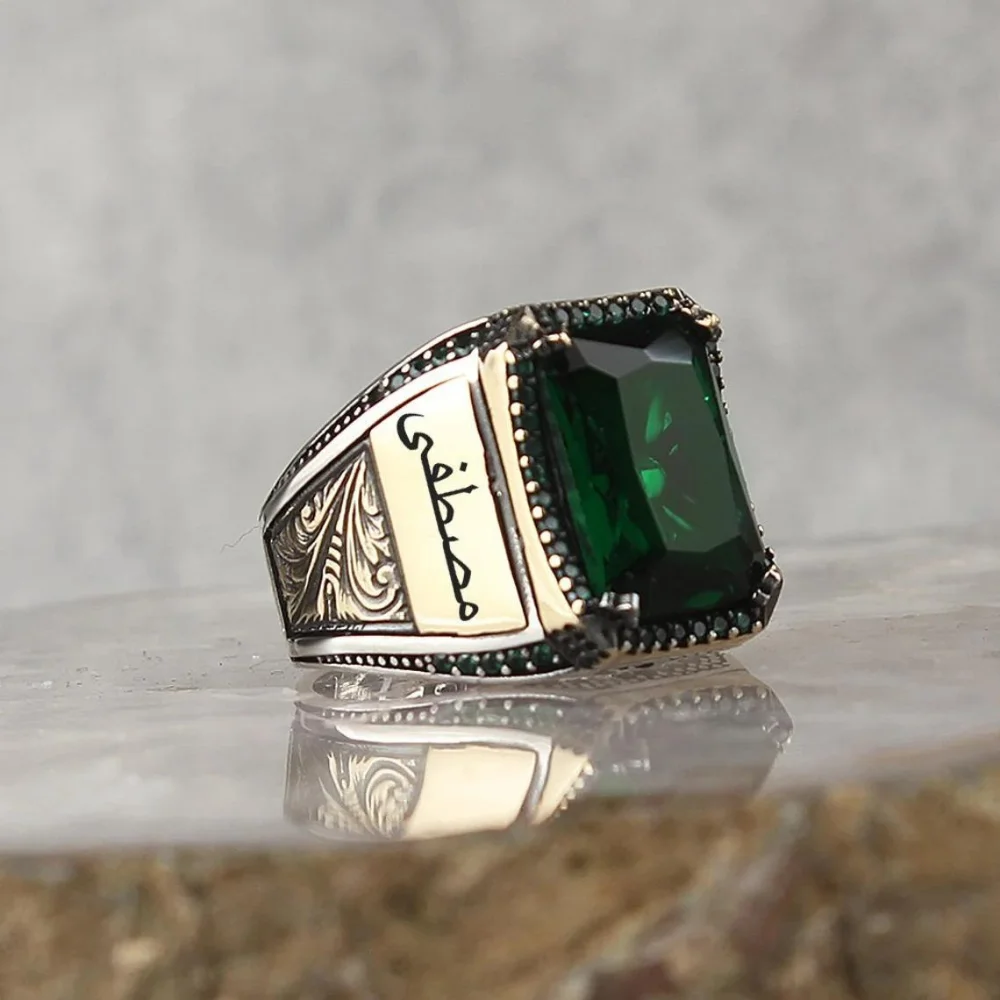 925K Stainless Sterling Ring, Green Zircon Stone With Name Written Personalized Jewelry For Man Handmade Gift Vintage Accessory