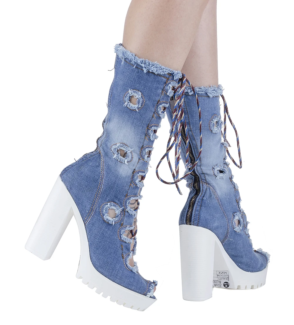 Jeans artesanal azul denim botas laço-up, sapatilhas femininas bordadas, salto alto curto denim botas/sexy rasgado denim botas