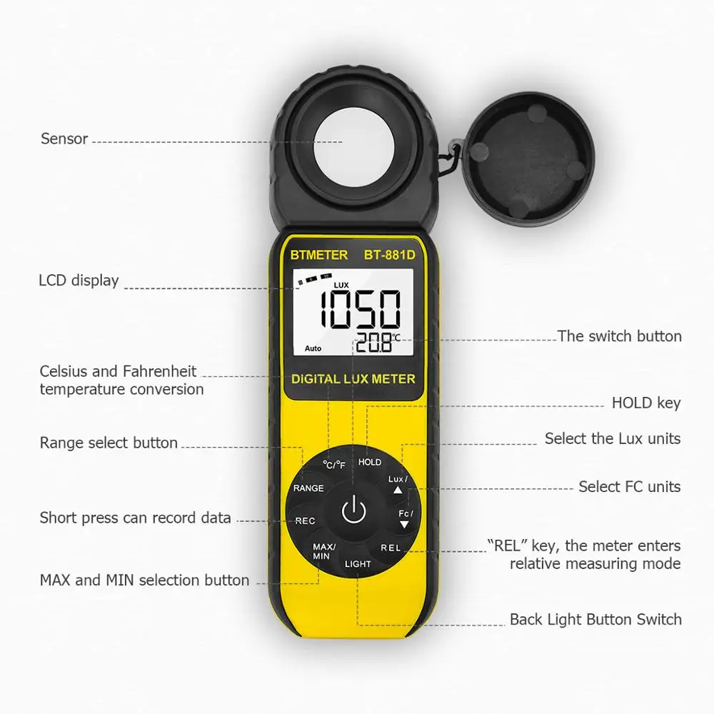 BTMETER Kỹ Thuật Số Độ Rọi Đèn Siêu Sáng 0.1 ~ 400,000 Lux, Đầu Cảm Biến Xoay Với LUX/FC, cầm Tay Nhiệt Độ Môi Trường Xung Quanh Tay