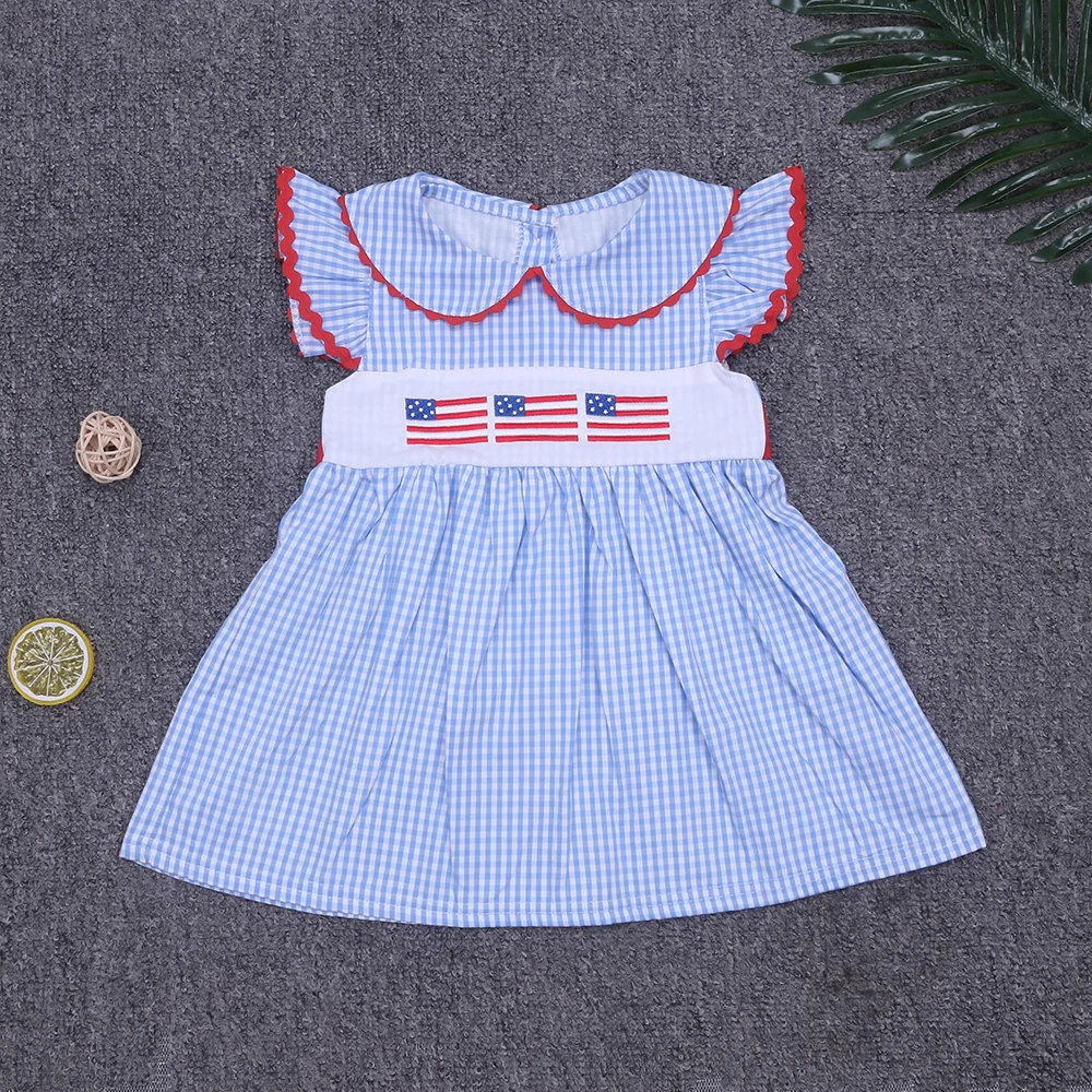 One-Piece Cotton Clothes Summer New Style Beautiful Flag Embroidery Red Bow Dress Pretty Blue Grid Jumpsuit Romper For Girls