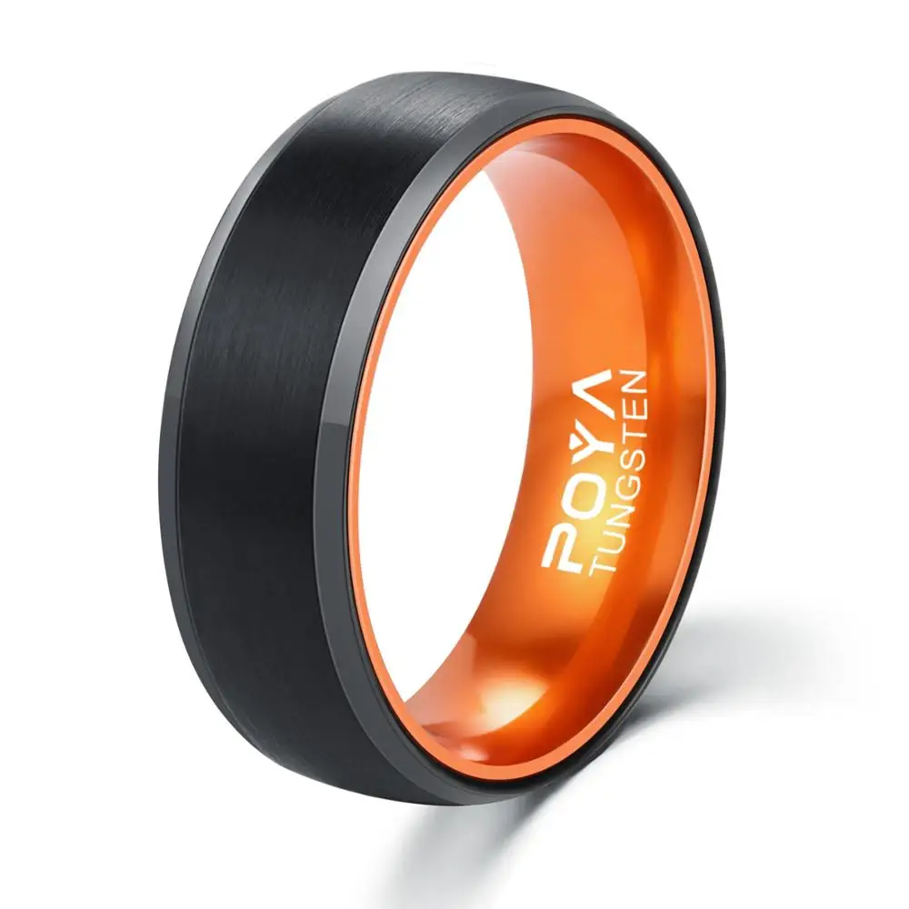 POYA TUNGSTEN Ring Mens 8mm Orange and Black Wedding Band Beveled Edges Comfort Fit