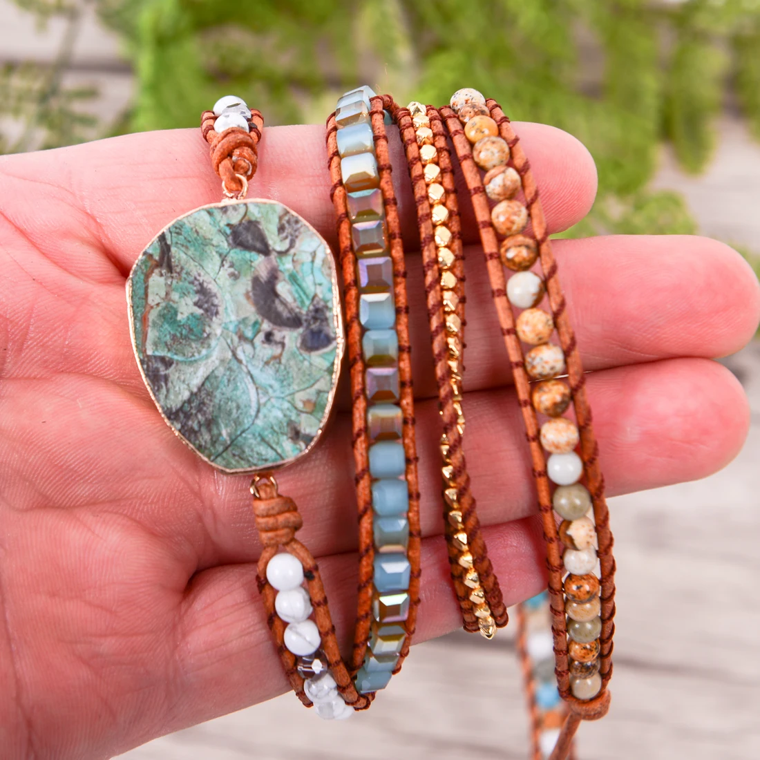 Unique Mix Strands Leather Bracelet Multicolor Natural Stone Woven Wrap Bracelets Bohemian Bracelet Drops Hipping
