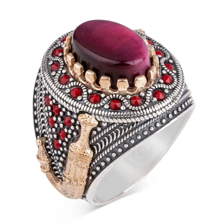 Dagger Figured Claret Red Agate Stone Embroidered Silver Men's Ring Fashion Turkish Premium Quality Handmade Jawelery