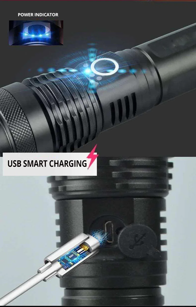 3000000LM XHP50.3 Aluminum Telescopic Zoom Flashlight Power Display USB Charging Outdoor Night Fishing Light Tactical LED Torch