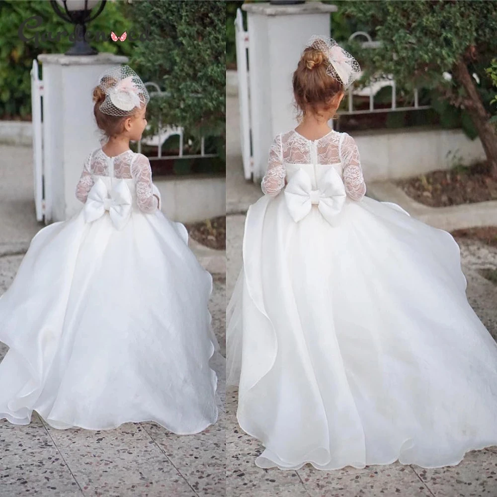 Layer Ball Gown First Communion Dresses Long Sleeves Lace Flower Girl Dresses Satin Bow Princess Dress robe de princesse fille