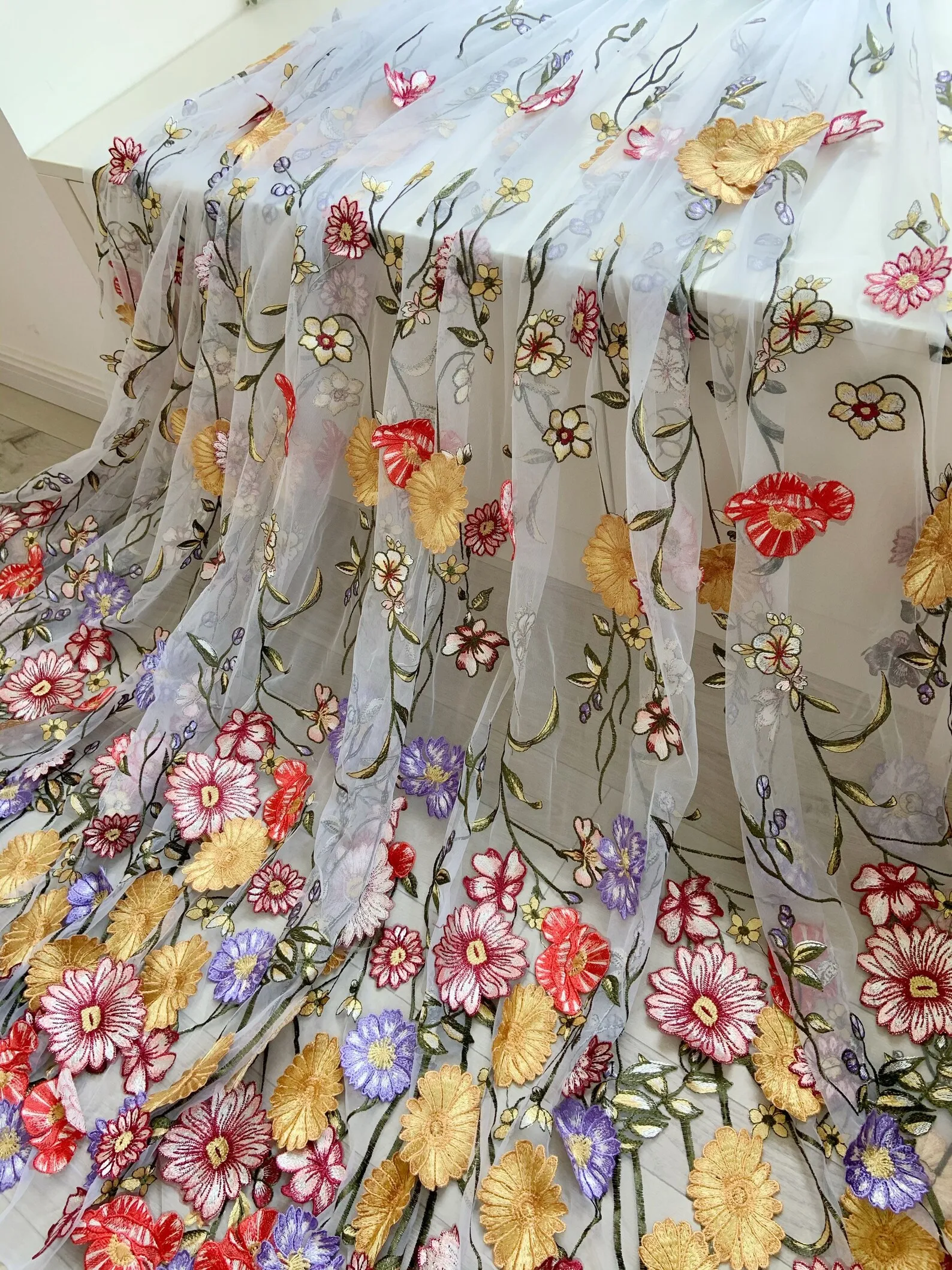 

1 yard Colorful Embroidered Tulle Lace Fabric with 3D Flowers Applique for Bridal Dress, Formal Dress, Evening Gown CS0417