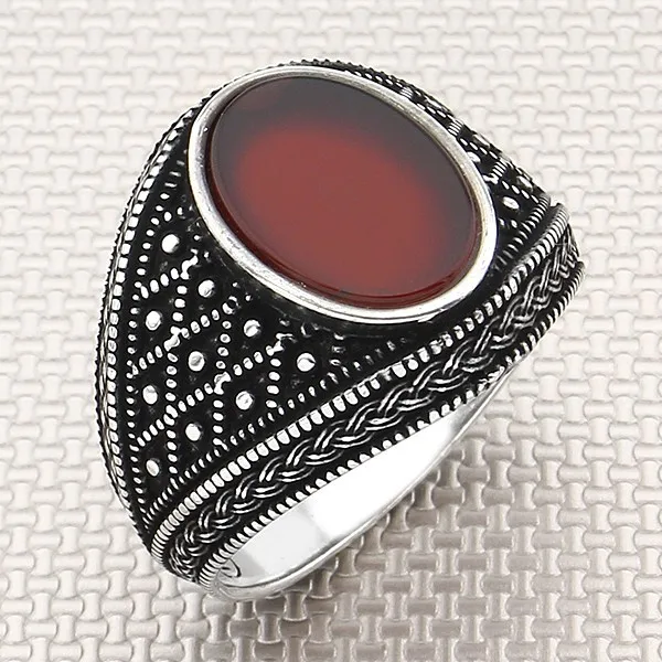 Classic Silver Ring Braided Dotted Pattern Onyx Agate Stone Ring For Men Solid 925 Sterling Silver Jewelery Biker Gift Him