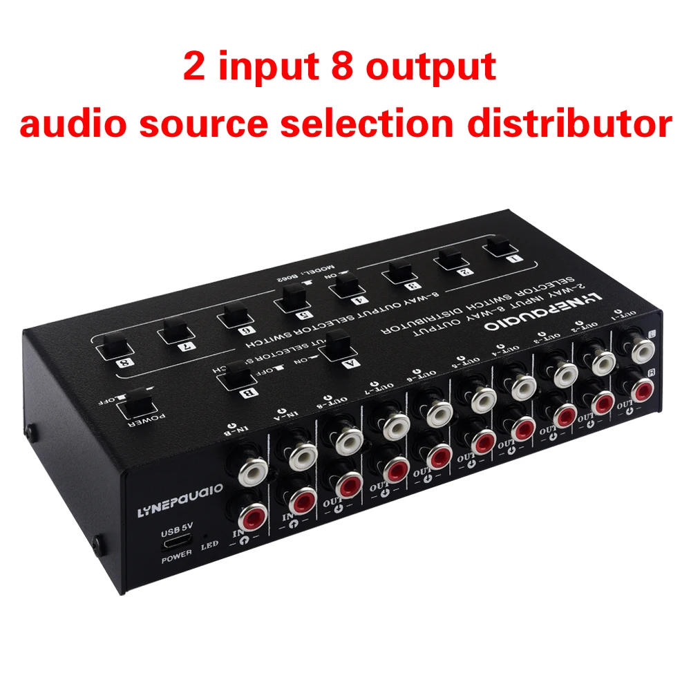 

2 in 8 out audio frequency signal select shift device support 2 sets mix input and 8 sets output RCA interface at the same time