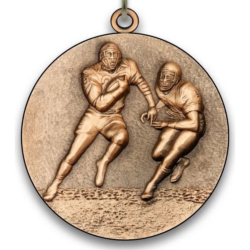 Large Metal American Football Medal - Bronze - 6,4 cm - with Neck Ribbon size 2,2cm x 80 cm - Choice of Ribbon Colours.