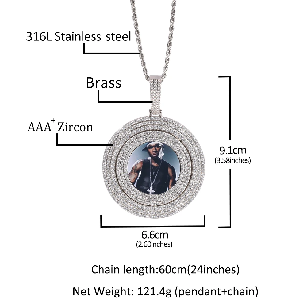 THE BLIKG KING Spinning Photo Pendant Necklace Full Iced Out Cubic Zirconia Custom Memory Chain Engraved Name Hiphop Jewelry