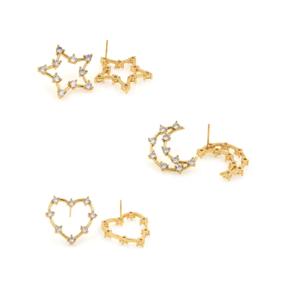 Star Earrings,Micro-pavé Gold Diamond Moon Earrings,Heart-Shaped Earrings,Small Diamond Earrings Jewelry Accessories