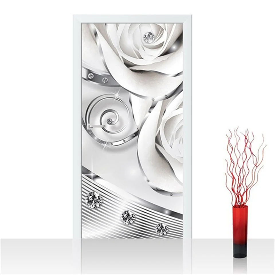 Pink Roses Wallpaper 3D Door Sticker Waterproof Removable Poster Bedroom Decoration Mural Home Art Decor Wall Decal Deurstickers