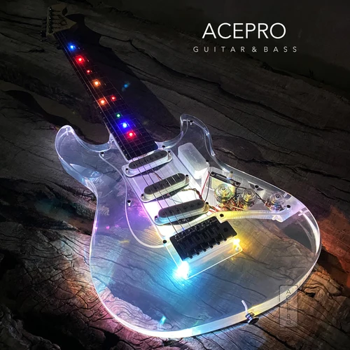 재고 Acepro 아크릴 일렉트릭 기타, 다채로운 LED, 투명 픽가드 및 노브, 3 싱글 픽업, 메이플 넥, 기타 