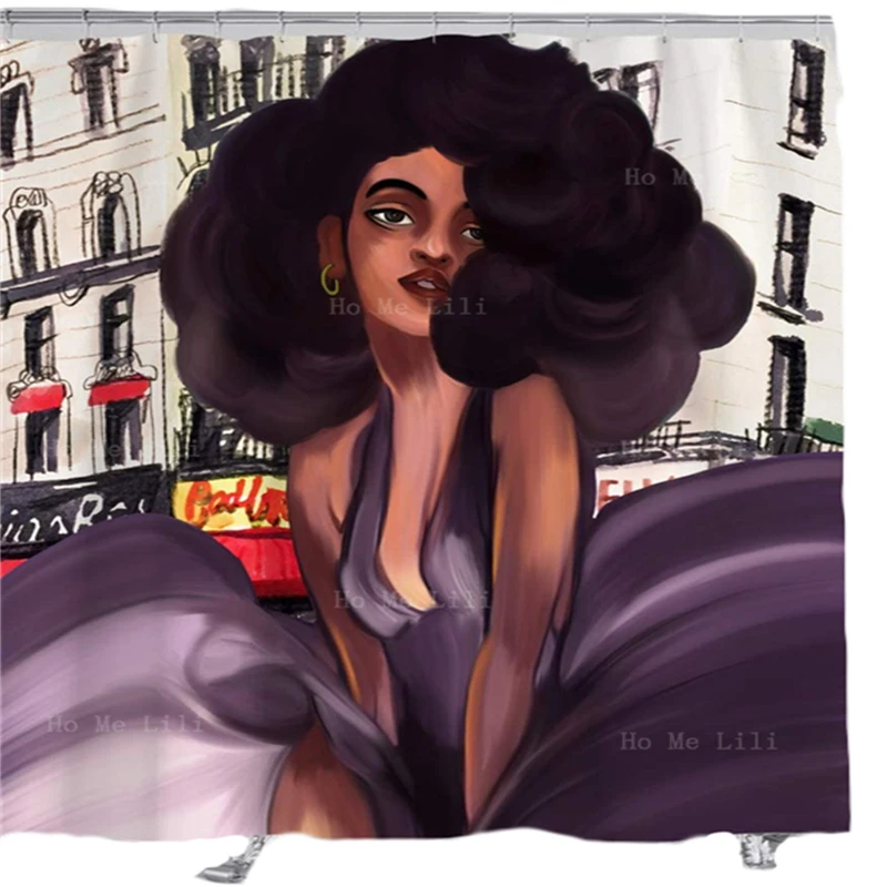 Black Queen Girl Magic Starry Night Moon Goddess Love Music Purple Hair Afro Sexy Women Shower Curtain Bathroom Decor