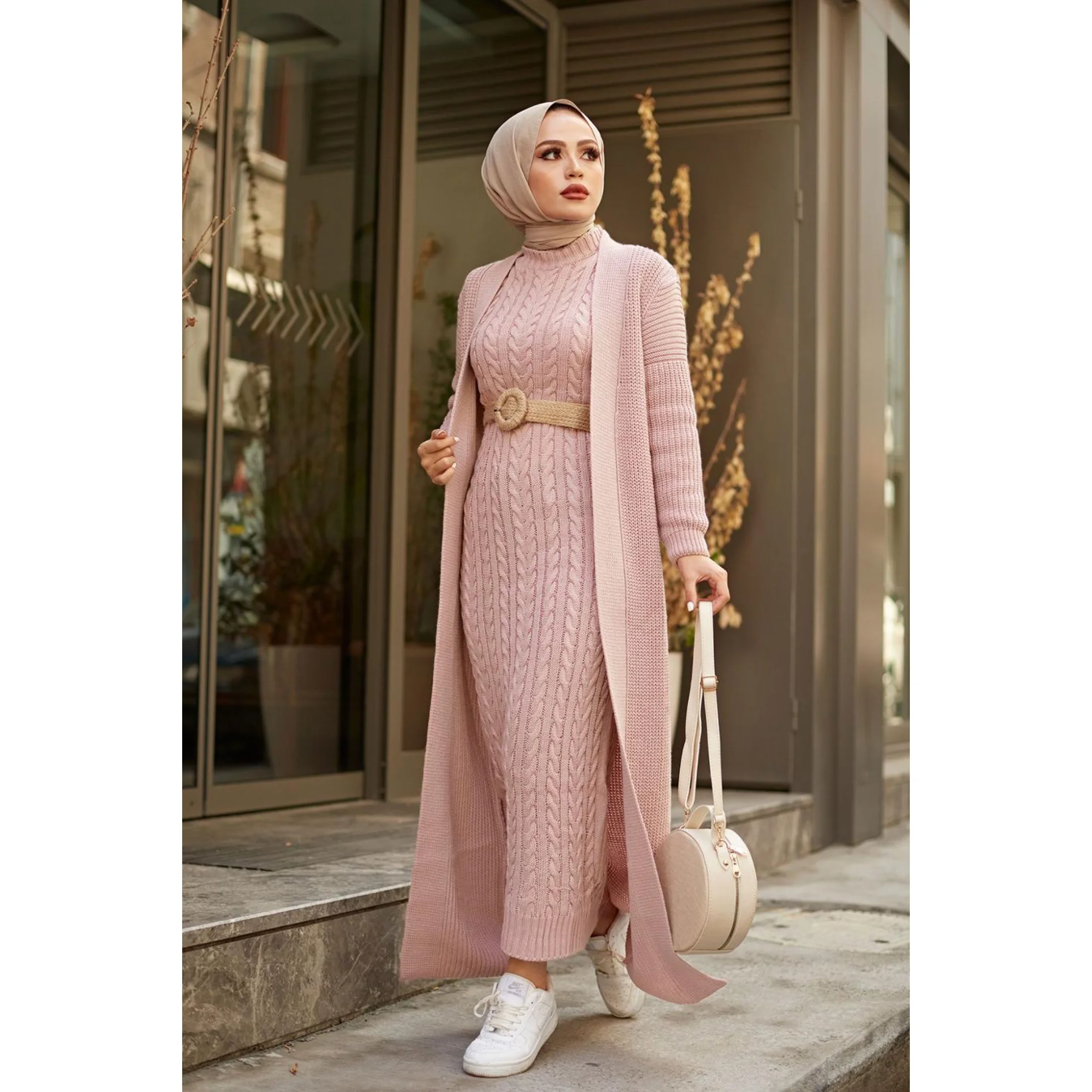 2 Piece Women's Knitted Maxi Set For Winter Half Turtleneck Long Sleeve Knitwear Dress and Cardigan Muslim Fashion Hijab