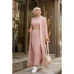 Maxi Set lavorato a maglia da donna 2 pezzi per l'inverno mezzo dolcevita abito in maglieria a maniche lunghe e Cardigan Hijab moda musulmana